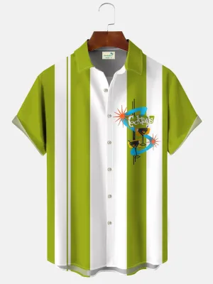 Alohadaddy Geometric Stripes Wine Glass 3D Art Men Pocket Button 50S Bowling Commuter Short Sleeve Shirt