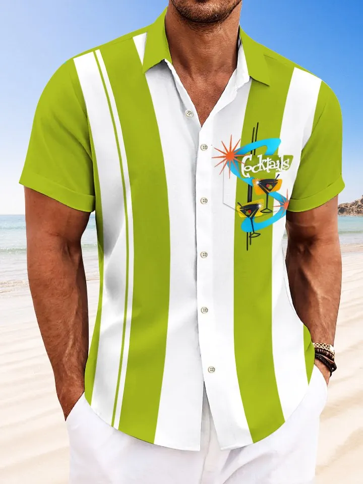 Alohadaddy Geometric Stripes Wine Glass 3D Art Men Pocket Button 50S Bowling Commuter Short Sleeve Shirt