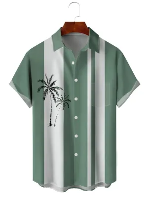 Alohadaddy Green Coconut Tree Casual Bowling Cotton-Blend Shirts