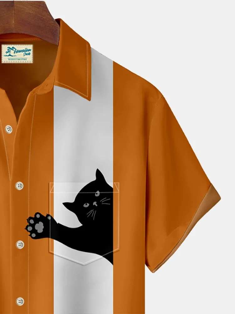 Alohadaddy Halloween Cat Print Men's Bowling Shirt with Pockets