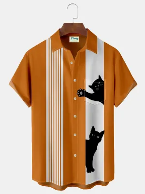 Alohadaddy Halloween Cat Print Men's Bowling Shirt with Pockets
