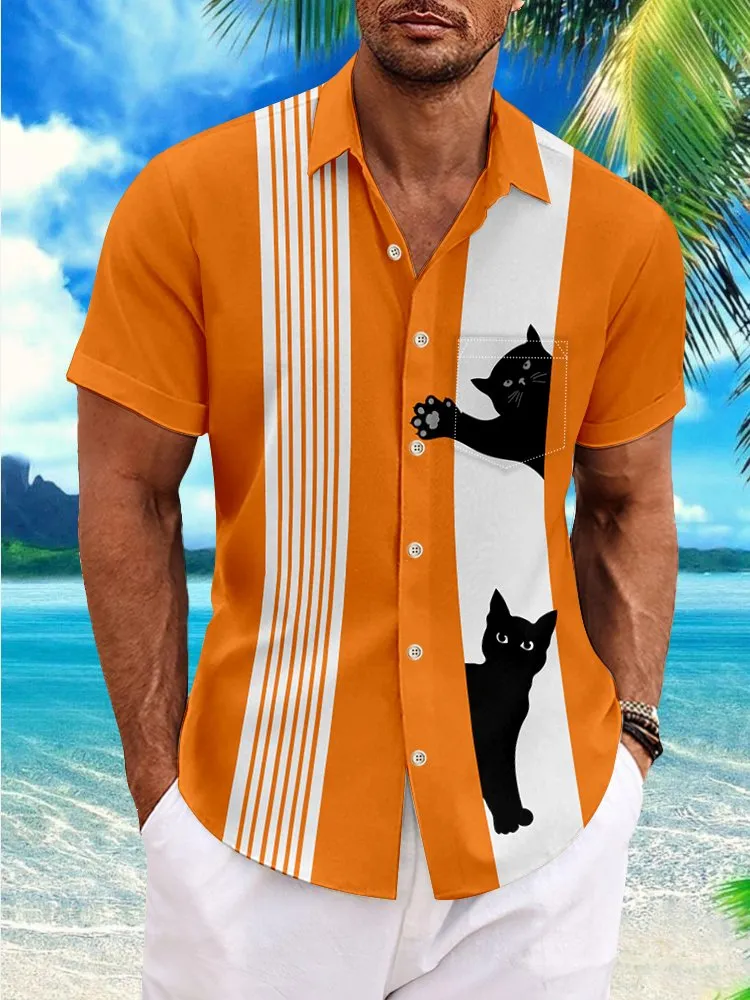 Alohadaddy Halloween Cat Print Men's Bowling Shirt with Pockets