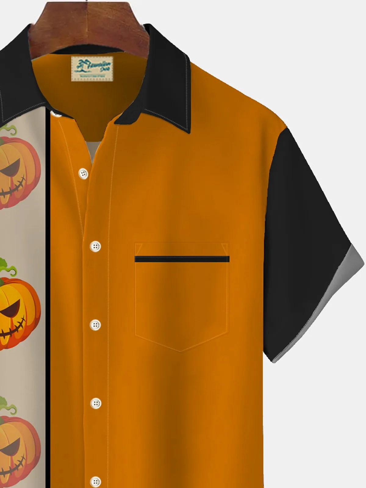 Alohadaddy Halloween Vintage Bowling Pumpkin Print Men's Button Pocket Short Sleeve Shirt