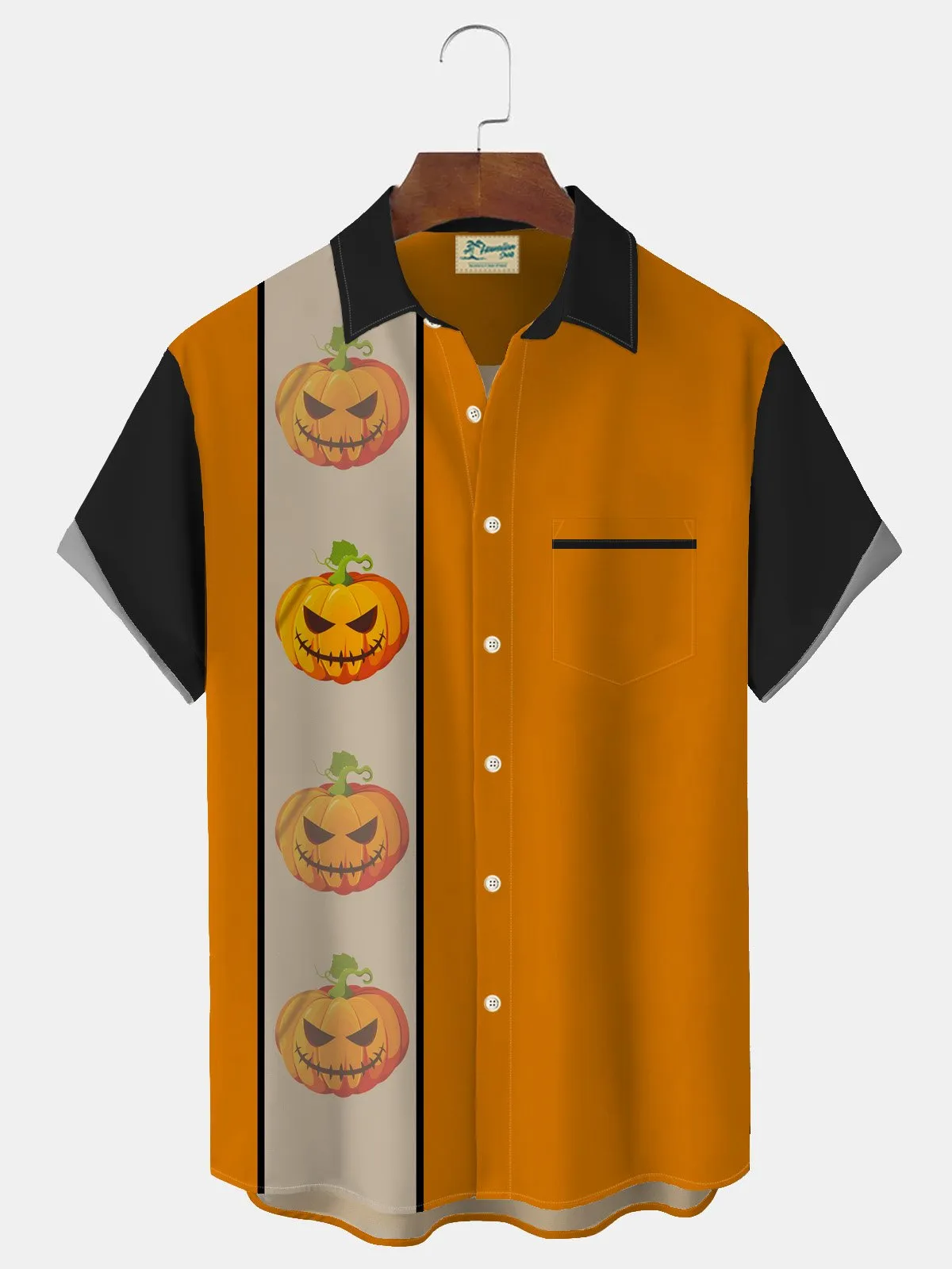 Alohadaddy Halloween Vintage Bowling Pumpkin Print Men's Button Pocket Short Sleeve Shirt