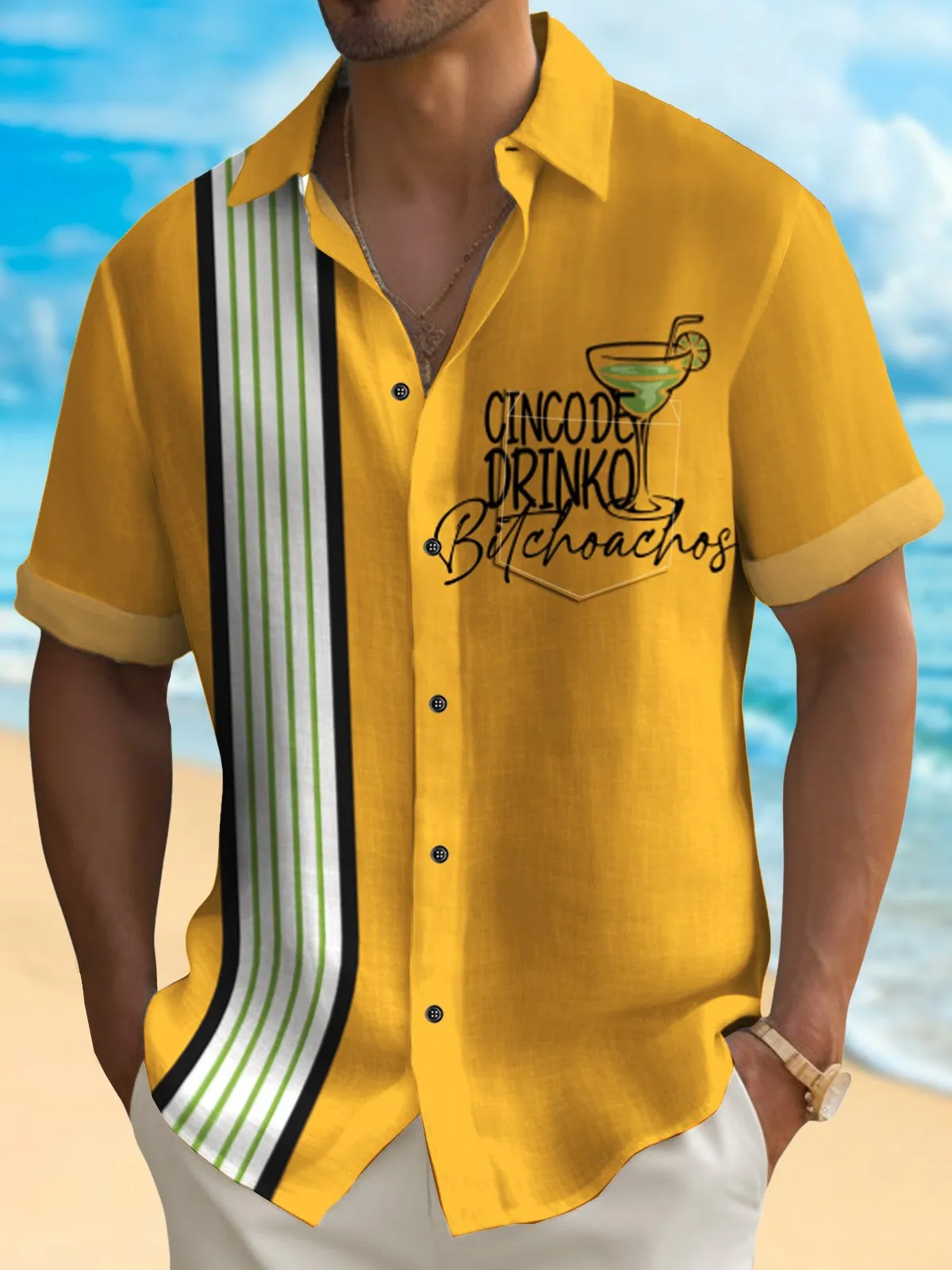 Alohadaddy Holiday Tequila Men's Bowling Shirt Cinco de Mayo Pocket Camp Shirt Big Tall