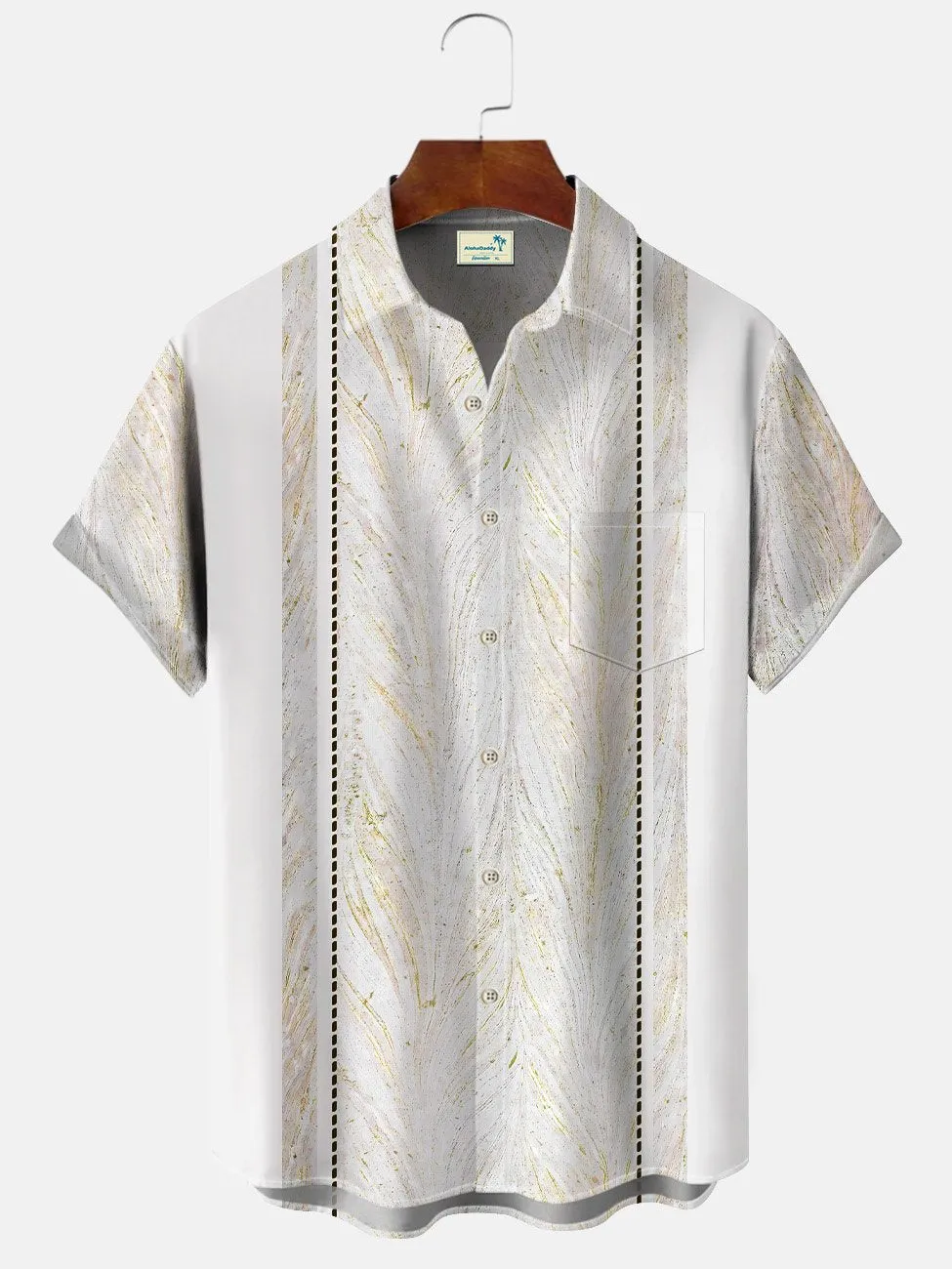 Alohadaddy Leaf Geometric Stripes Men's 50S Bowling Commuter Button Pocket Men's Casual Short Sleeve Shirt