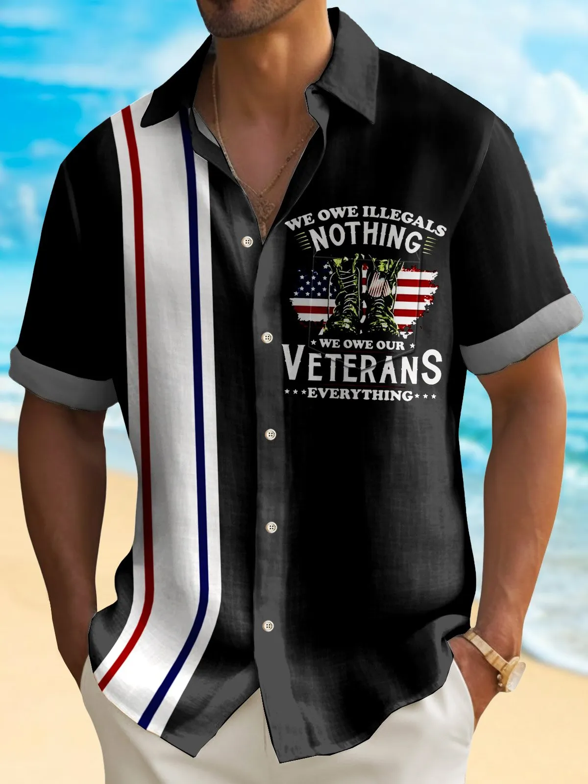 Alohadaddy Memorial Day Men's Vintage Bowling Shirt Stretch Camp Pocket Shirt Big Tall