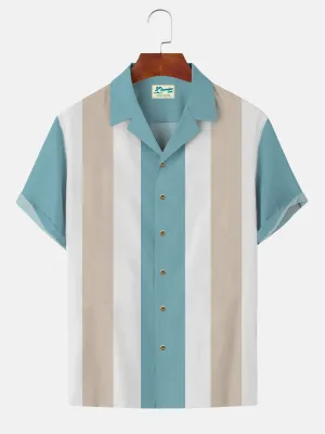 Alohadaddy Nostalgic Movie Star Men's Vintage Bowling Shirts Stretch Big Size Button Striped Aloha Shirts