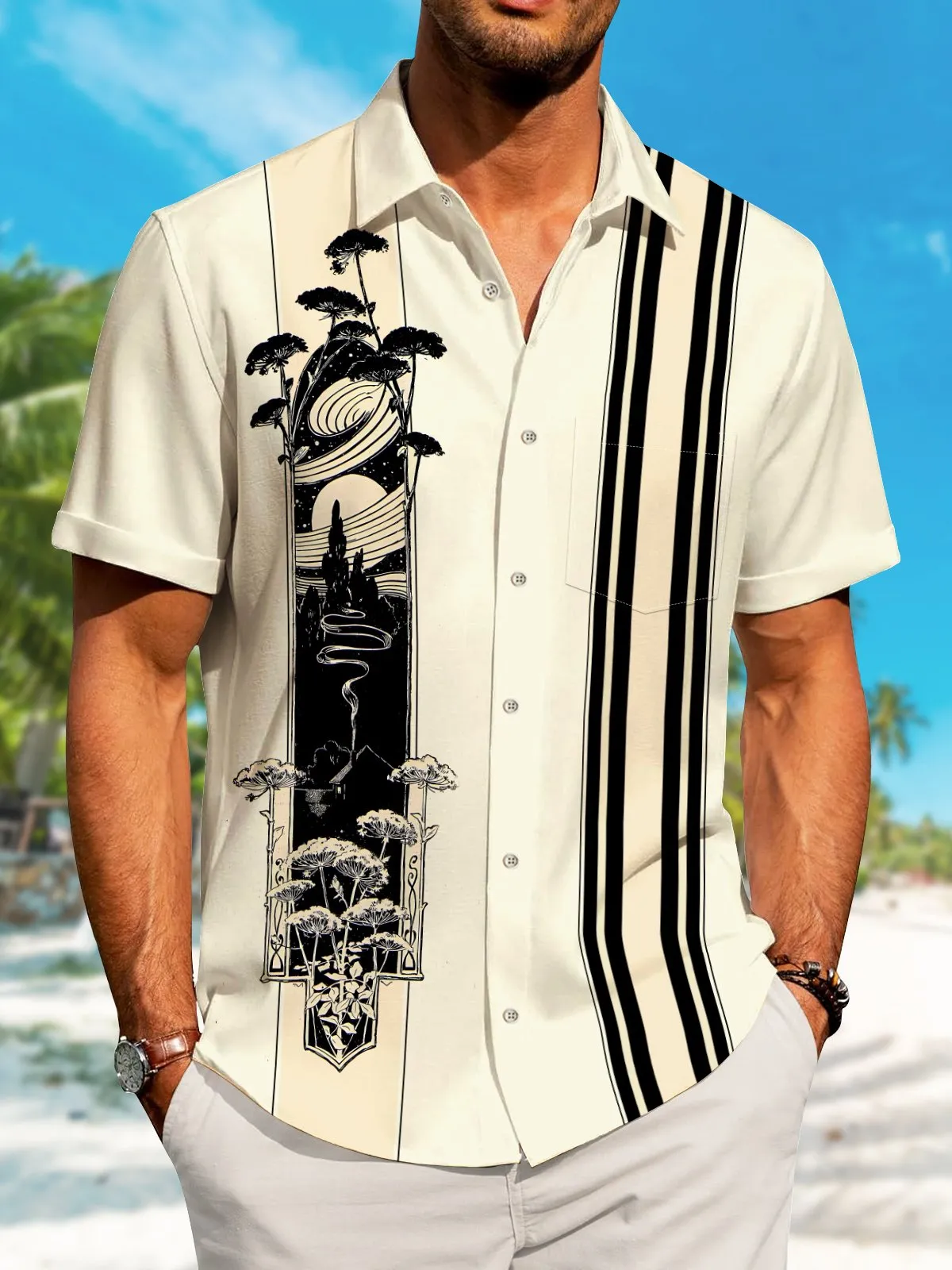 Alohadaddy Plant Geometric Stripes Button Pocket Casual 50S Bowling Commuter Shirt