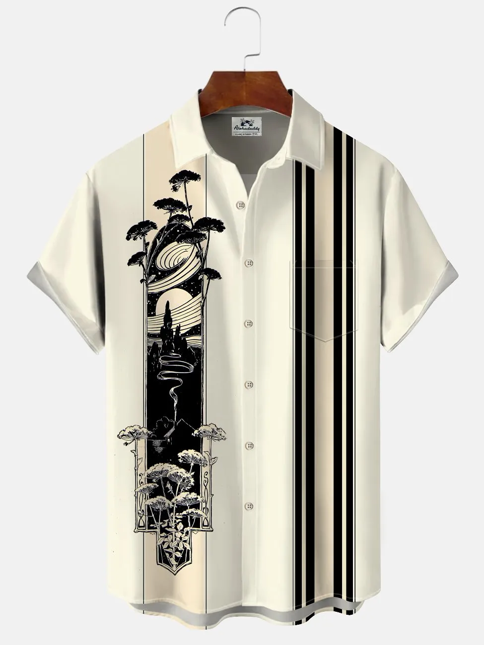 Alohadaddy Plant Geometric Stripes Button Pocket Casual 50S Bowling Commuter Shirt