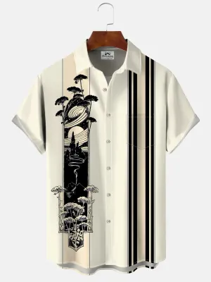 Alohadaddy Plant Geometric Stripes Button Pocket Casual 50S Bowling Commuter Shirt