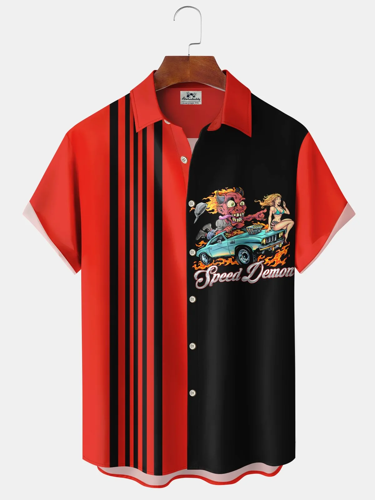 Alohadaddy Retro 60s Cartoon Car Flame Pocket Bowling Shirt