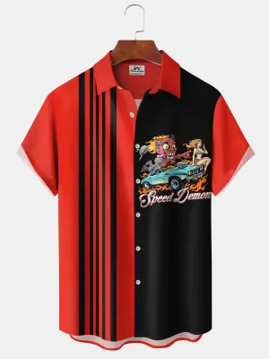 Alohadaddy Retro 60s Cartoon Car Flame Pocket Bowling Shirt