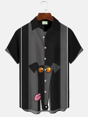 Alohadaddy Retro Animals Funny Dogs Men Buttons Pockets 50S Bowling Commuter Casual Short Sleeve Shirt