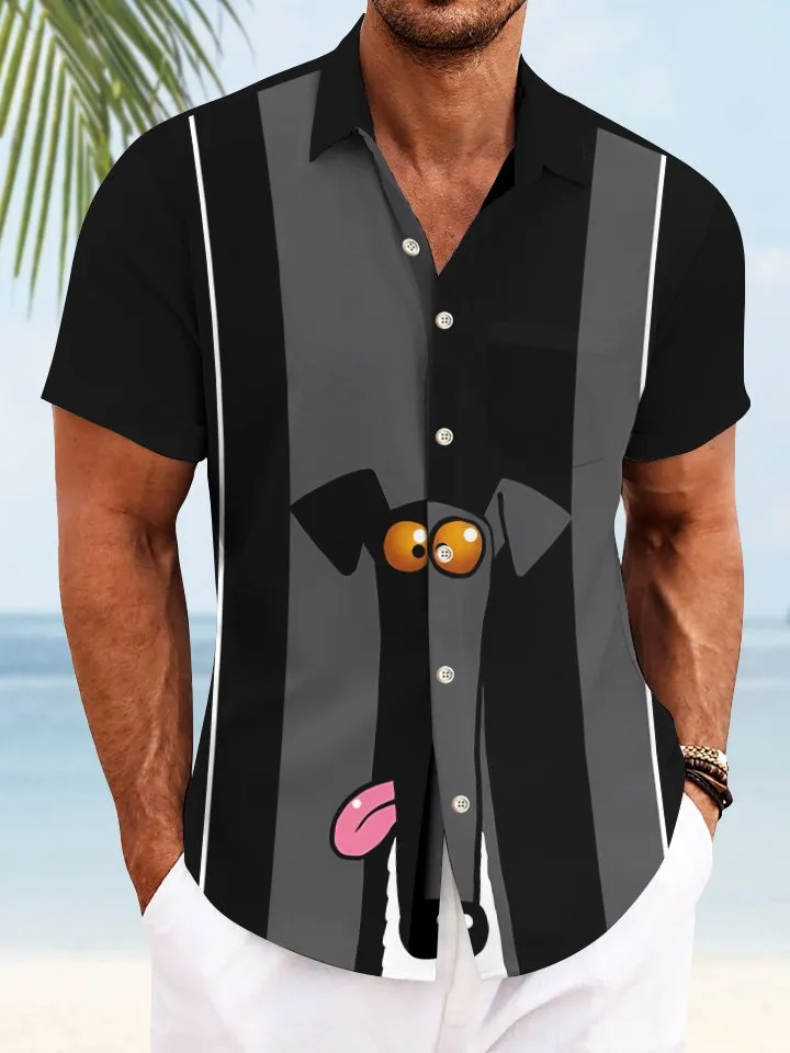 Alohadaddy Retro Animals Funny Dogs Men Buttons Pockets 50S Bowling Commuter Casual Short Sleeve Shirt