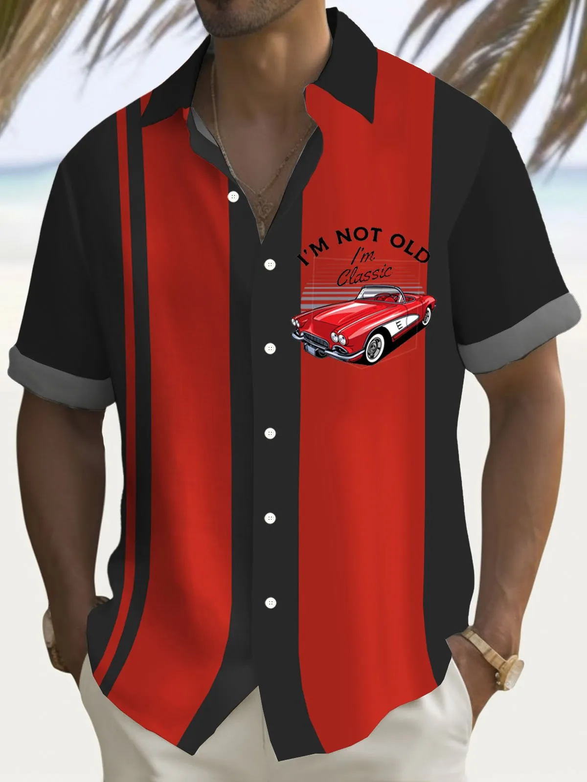 Alohadaddy Retro Bowling Car 3D Digital Print Men's Button Pocket Short Sleeve Shirt Big & Tall