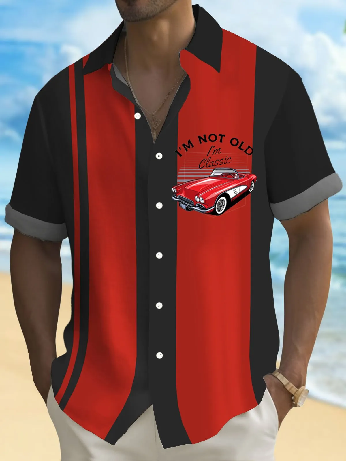 Alohadaddy Retro Bowling Car 3D Digital Print Men's Button Pocket Short Sleeve Shirt Big & Tall