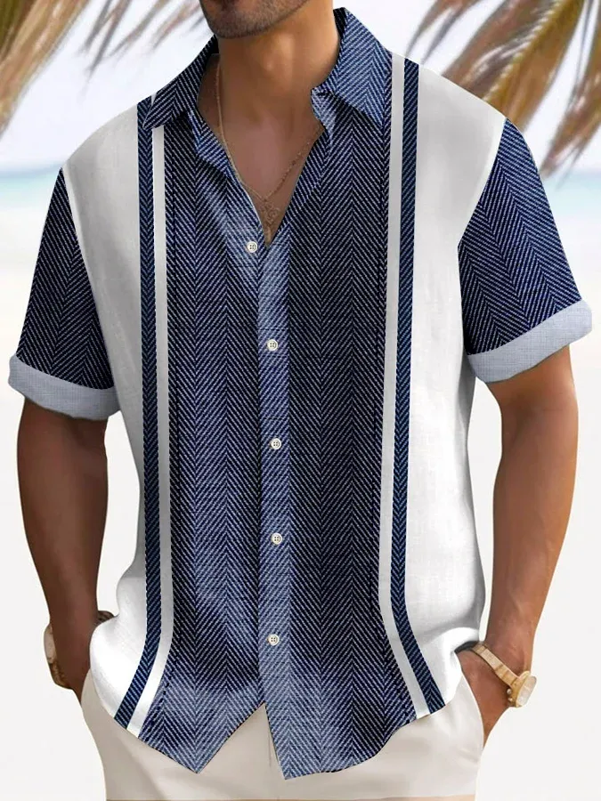 Alohadaddy Retro Bowling Geometric Texture 3D Digital Print Men's Button Pocket Short Sleeve Shirt Big & Tall