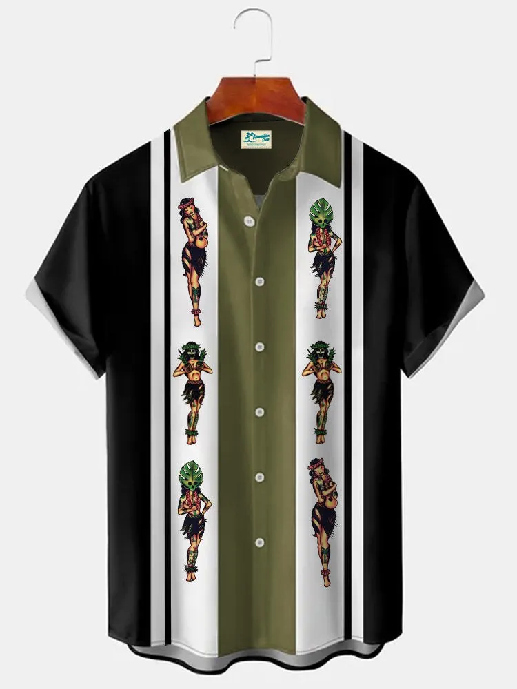 Alohadaddy Retro Bowling Hula Girls Print Beach Men's Hawaiian Oversized Shirt