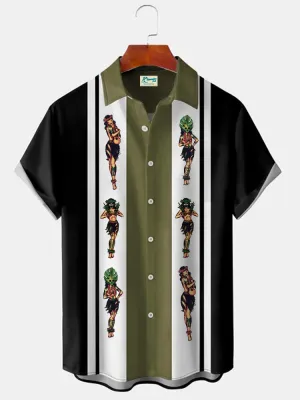 Alohadaddy Retro Bowling Hula Girls Print Beach Men's Hawaiian Oversized Shirt