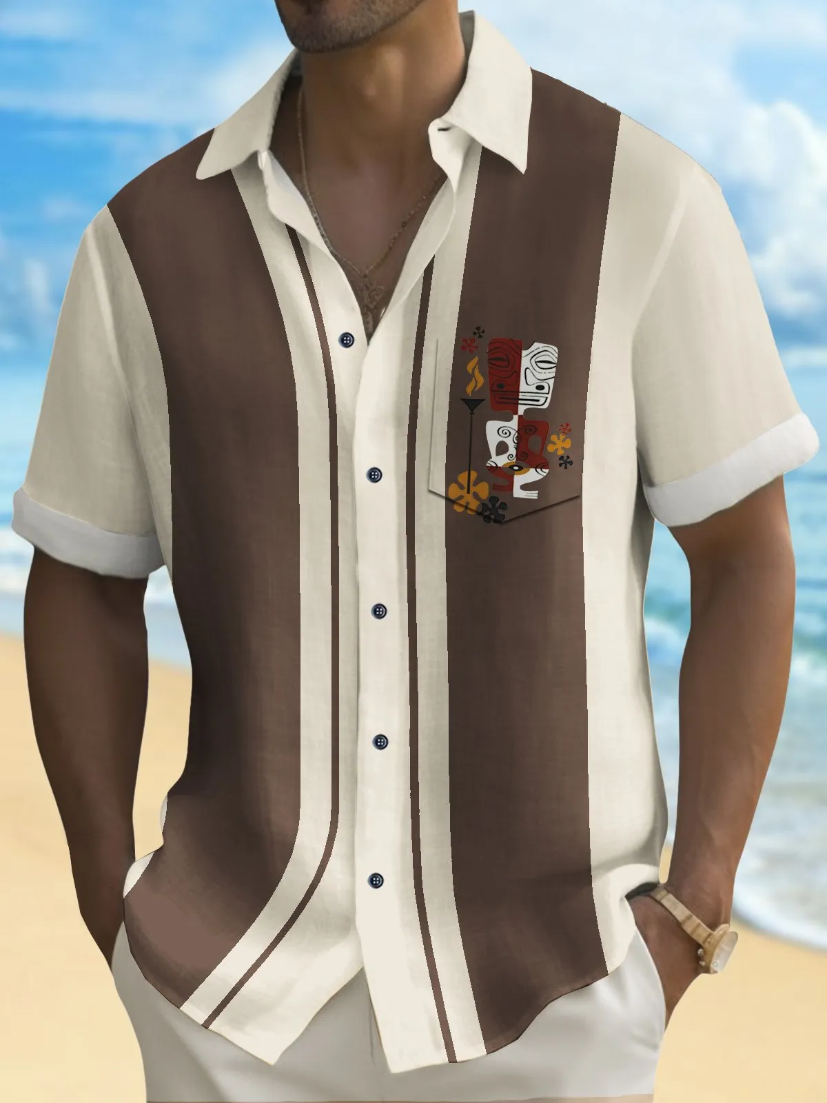 Alohadaddy Retro Bowling Men's Hawaiian Shirt Tiki Print Pocket Camping Shirt