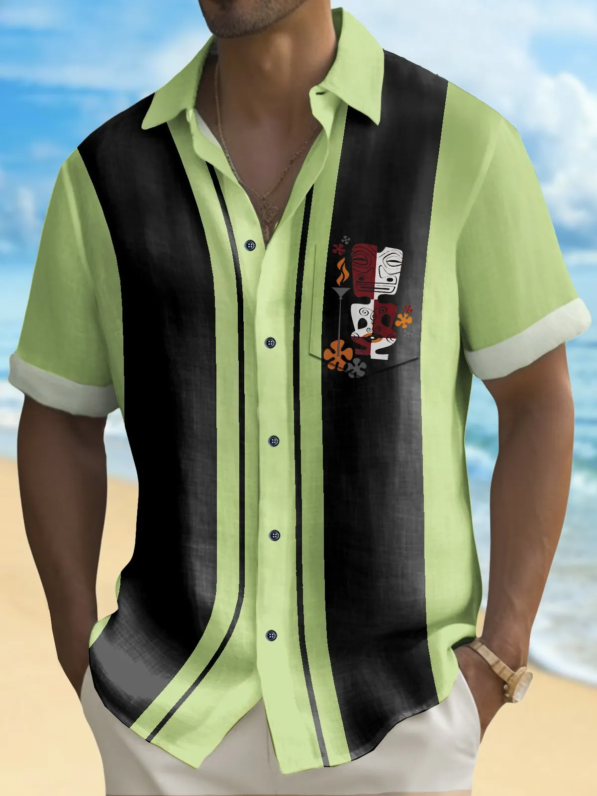 Alohadaddy Retro Bowling Men's Hawaiian Shirt Tiki Print Pocket Camping Shirt