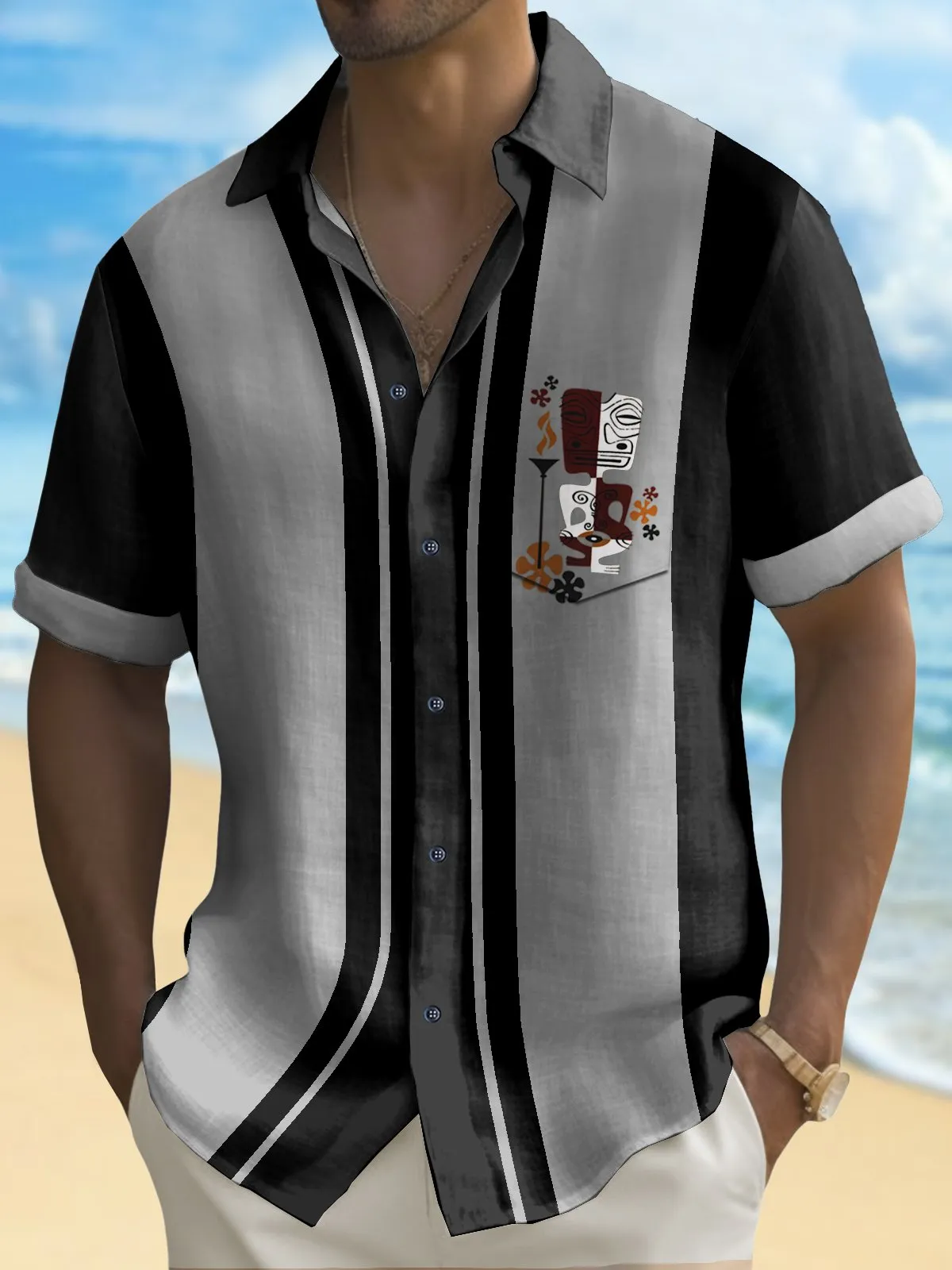 Alohadaddy Retro Bowling Men's Hawaiian Shirt Tiki Print Pocket Camping Shirt