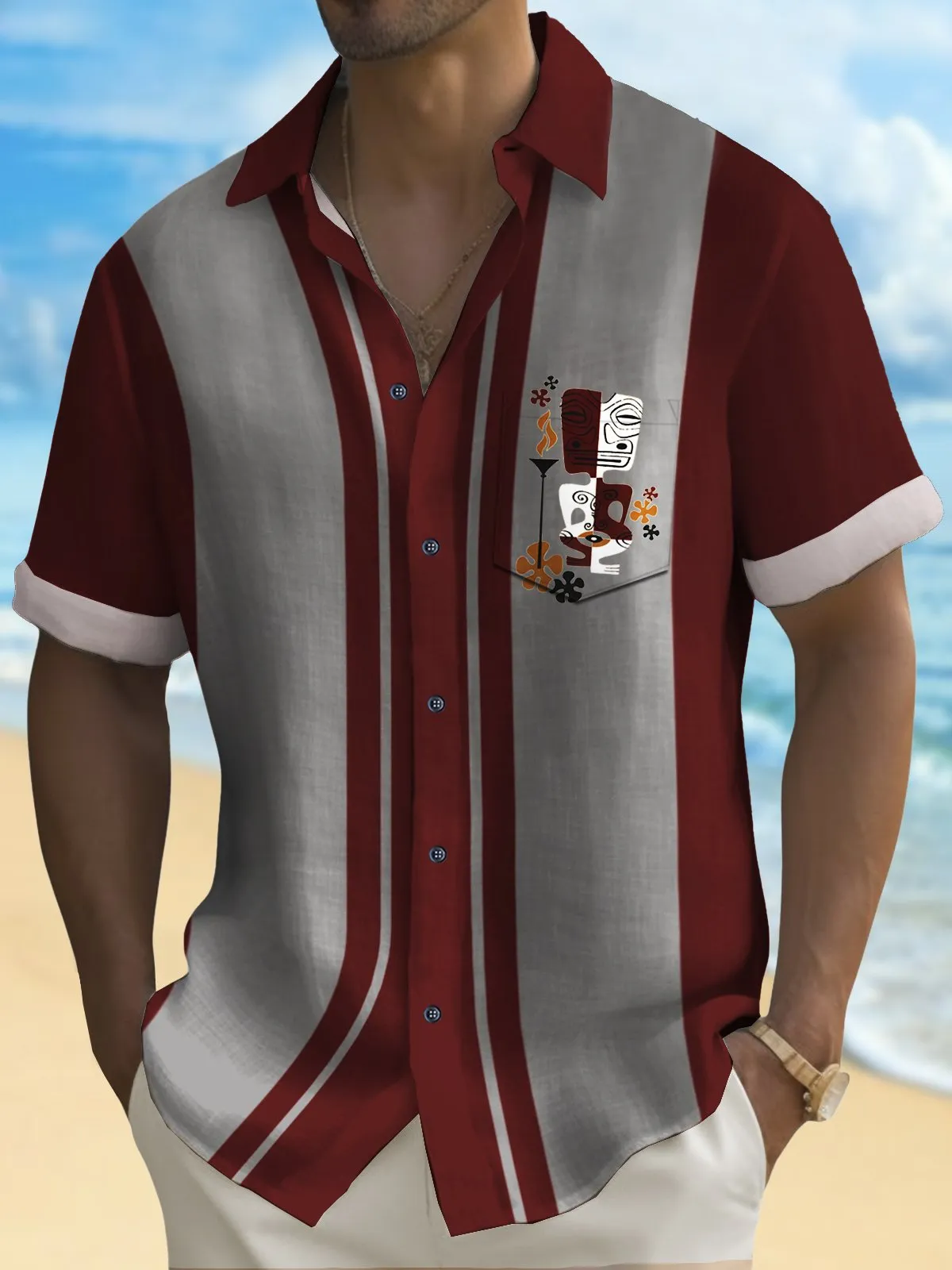 Alohadaddy Retro Bowling Men's Hawaiian Shirt Tiki Print Pocket Camping Shirt