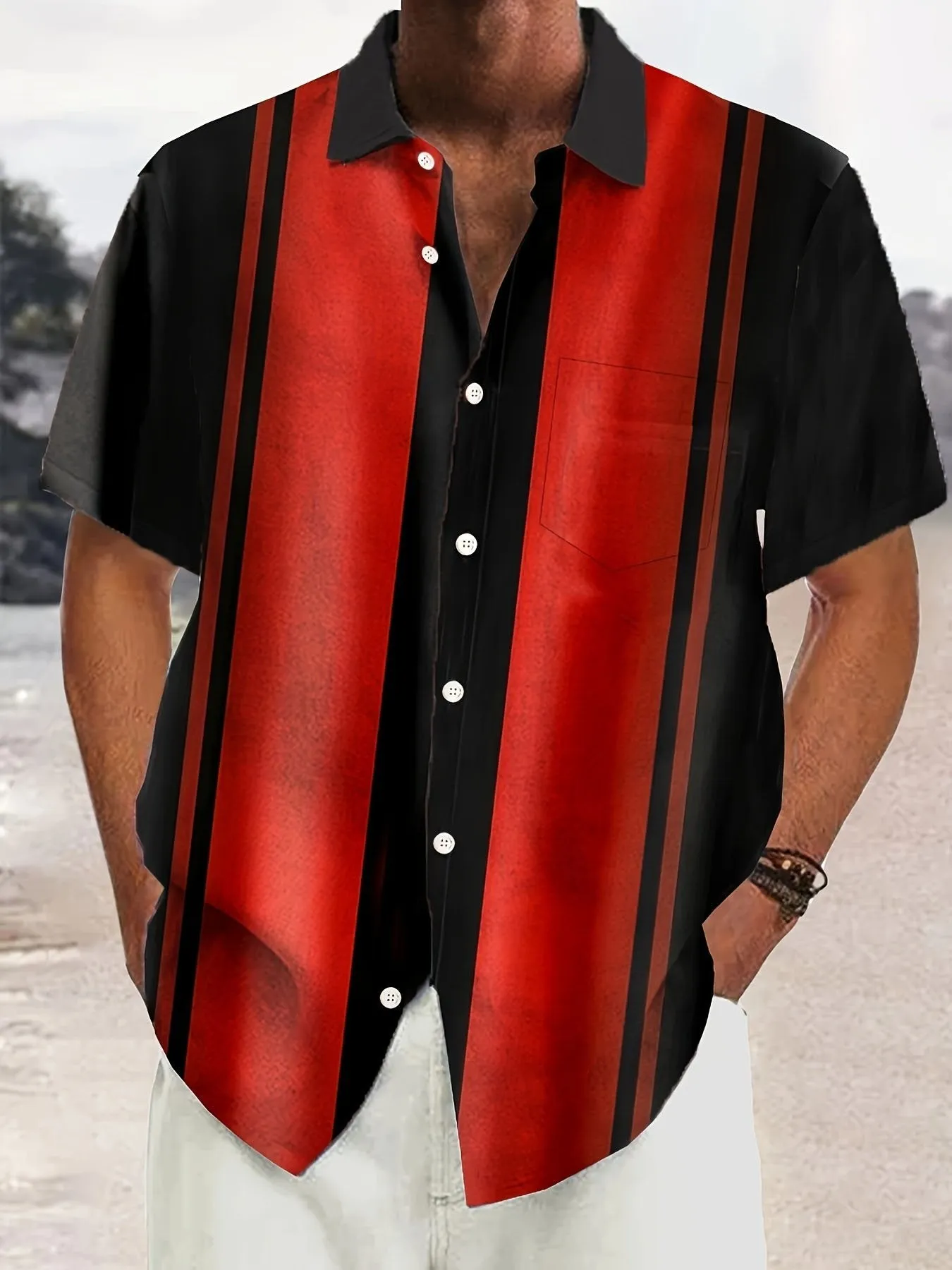 Alohadaddy Retro Bowling Stripe Contrast Print Men's Button Pocket Short Sleeve Shirt