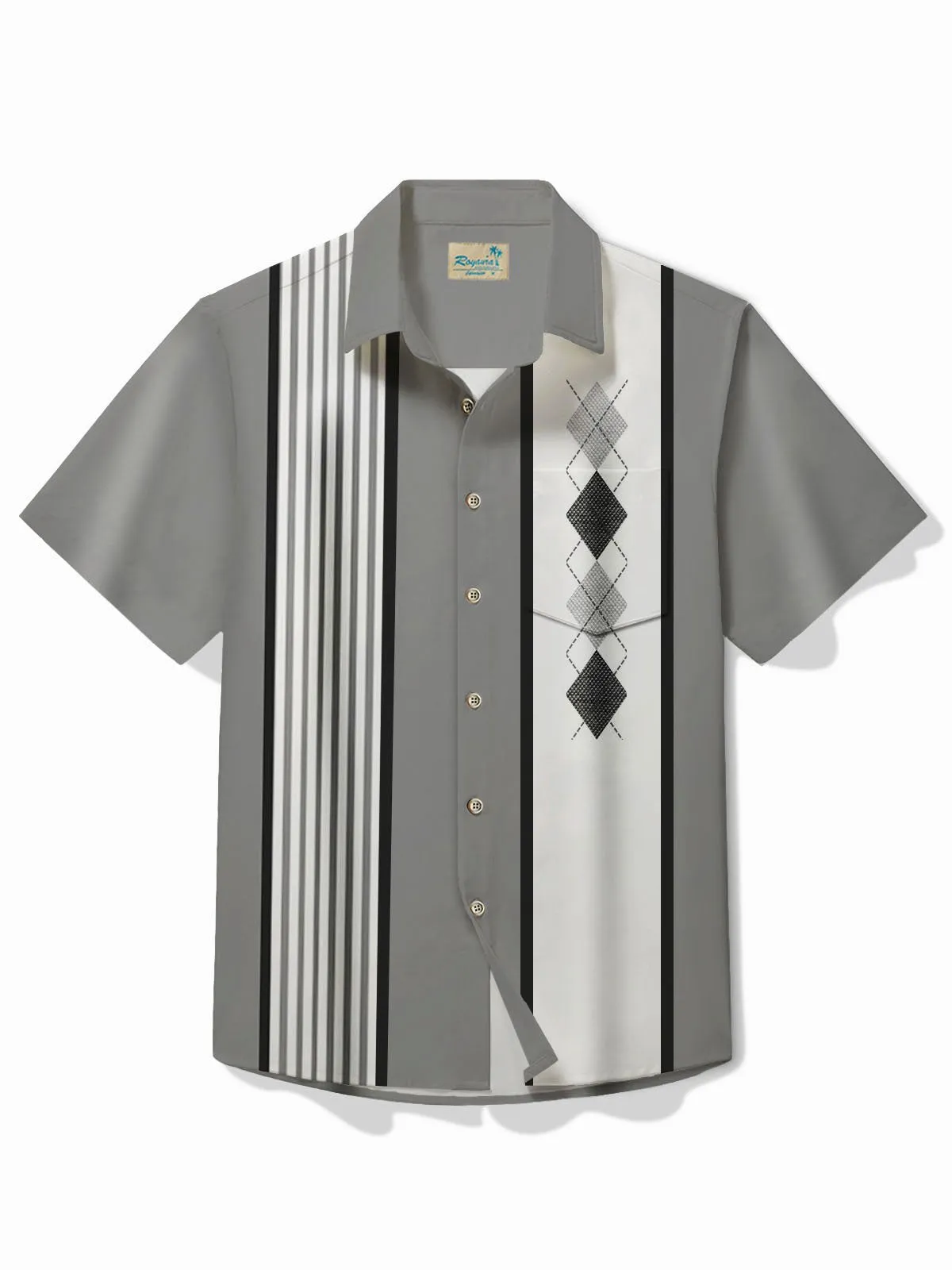Alohadaddy Retro Bowling Stripe Geometric Print Men's Button Pocket Short Sleeve Shirt