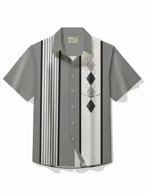 Alohadaddy Retro Bowling Stripe Geometric Print Men's Button Pocket Short Sleeve Shirt