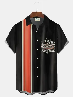 Alohadaddy Retro Bowling Stripe Letters 3D Print Men's Button Pocket Short Sleeve Shirt Big & Tall