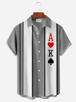 Alohadaddy Retro Bowling Stripe Poker 3D Print Men's Button Pocket Short Sleeve Shirt Big & Tall