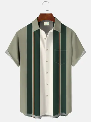 Alohadaddy Retro Color Geometric Stripes Men Button Pocket 50S Bowling Commuter Casual Short Sleeve Shirt