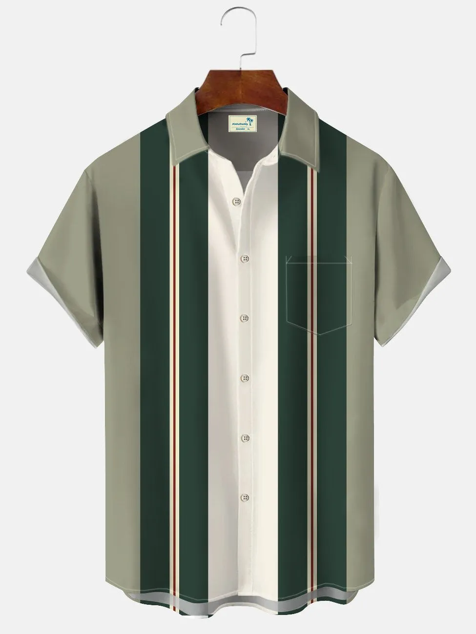 Alohadaddy Retro Color Geometric Stripes Men Button Pocket 50S Bowling Commuter Casual Short Sleeve Shirt