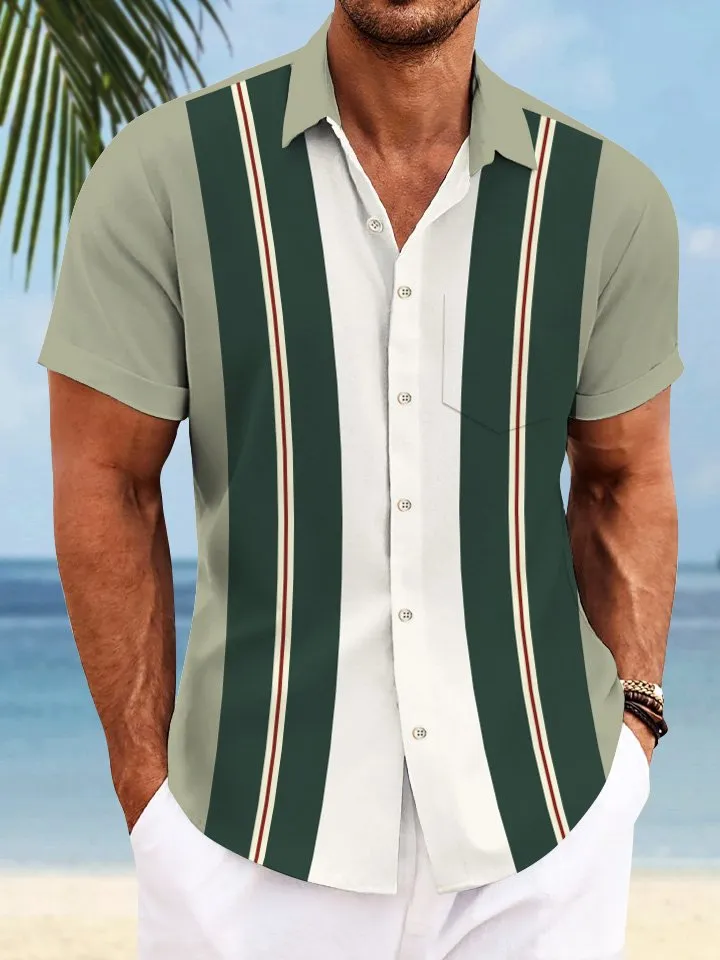 Alohadaddy Retro Color Geometric Stripes Men Button Pocket 50S Bowling Commuter Casual Short Sleeve Shirt