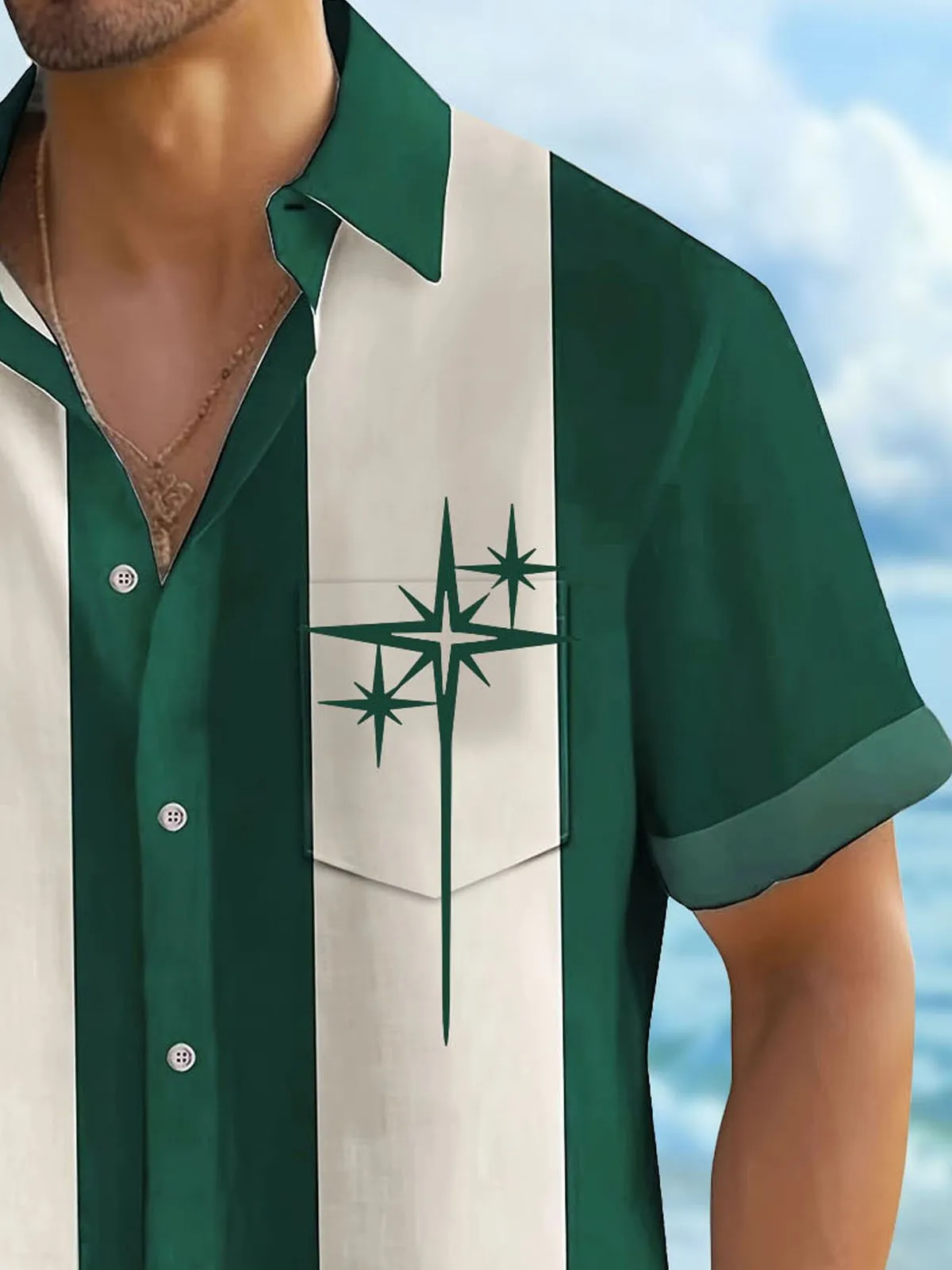 Alohadaddy Retro Geometric Bowling Stripe Print Men's Button Pocket Short Sleeve Shirt