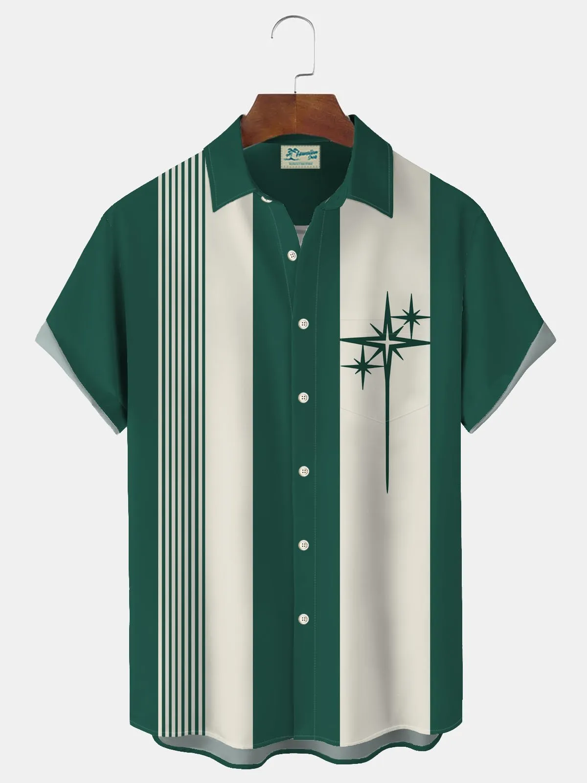 Alohadaddy Retro Geometric Bowling Stripe Print Men's Button Pocket Short Sleeve Shirt