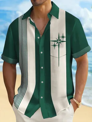 Alohadaddy Retro Geometric Bowling Stripe Print Men's Button Pocket Short Sleeve Shirt