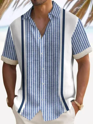 Alohadaddy Retro Striped 3D Print Men's Button Pocket Short Sleeve Shirt