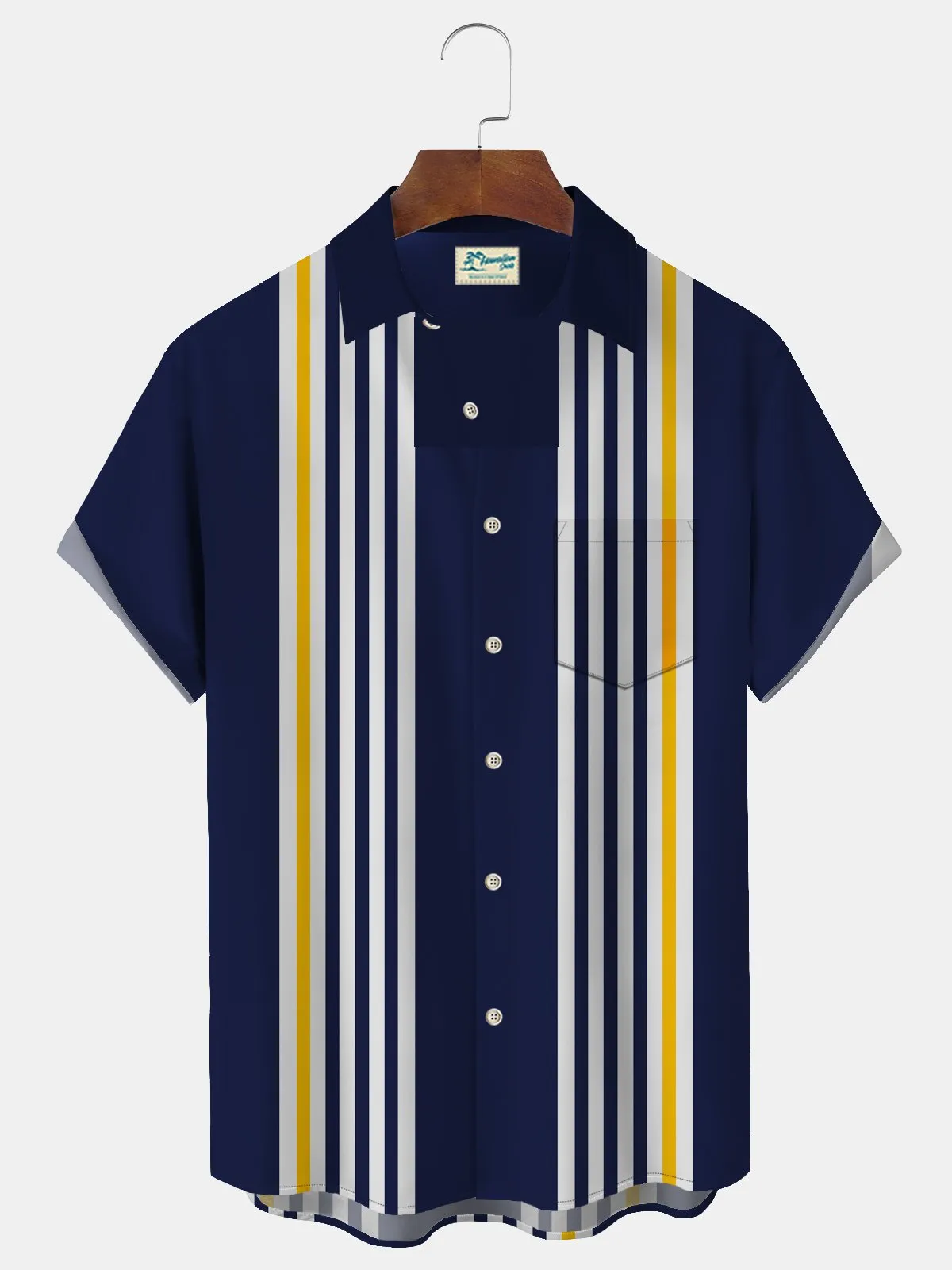 Alohadaddy Retro Striped Bowling Print Men's Button Pocket Short Sleeve Shirt
