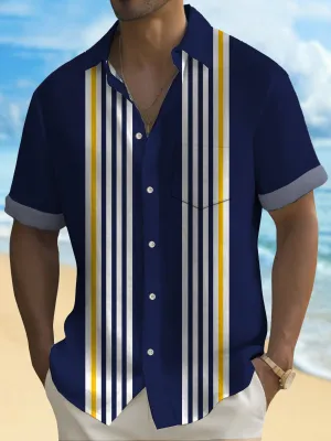 Alohadaddy Retro Striped Bowling Print Men's Button Pocket Short Sleeve Shirt