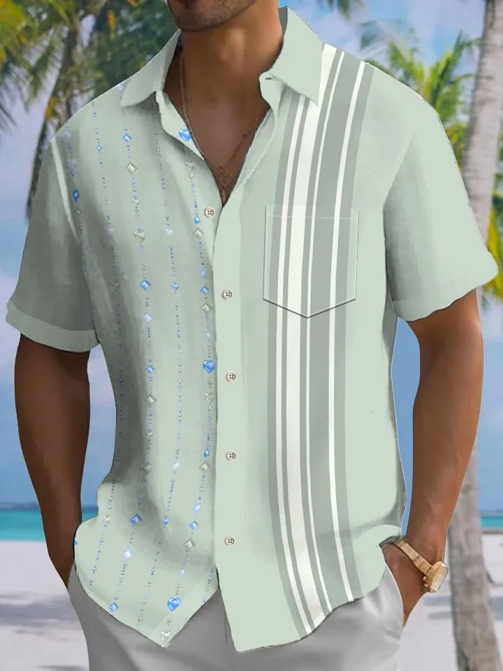 Alohadaddy Summer Crystal Chain Stripe Men's 50S Bowling Commuter Button Pocket Casual Short Sleeve Shirt