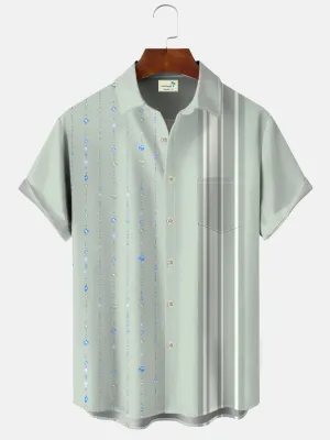 Alohadaddy Summer Crystal Chain Stripe Men's 50S Bowling Commuter Button Pocket Casual Short Sleeve Shirt