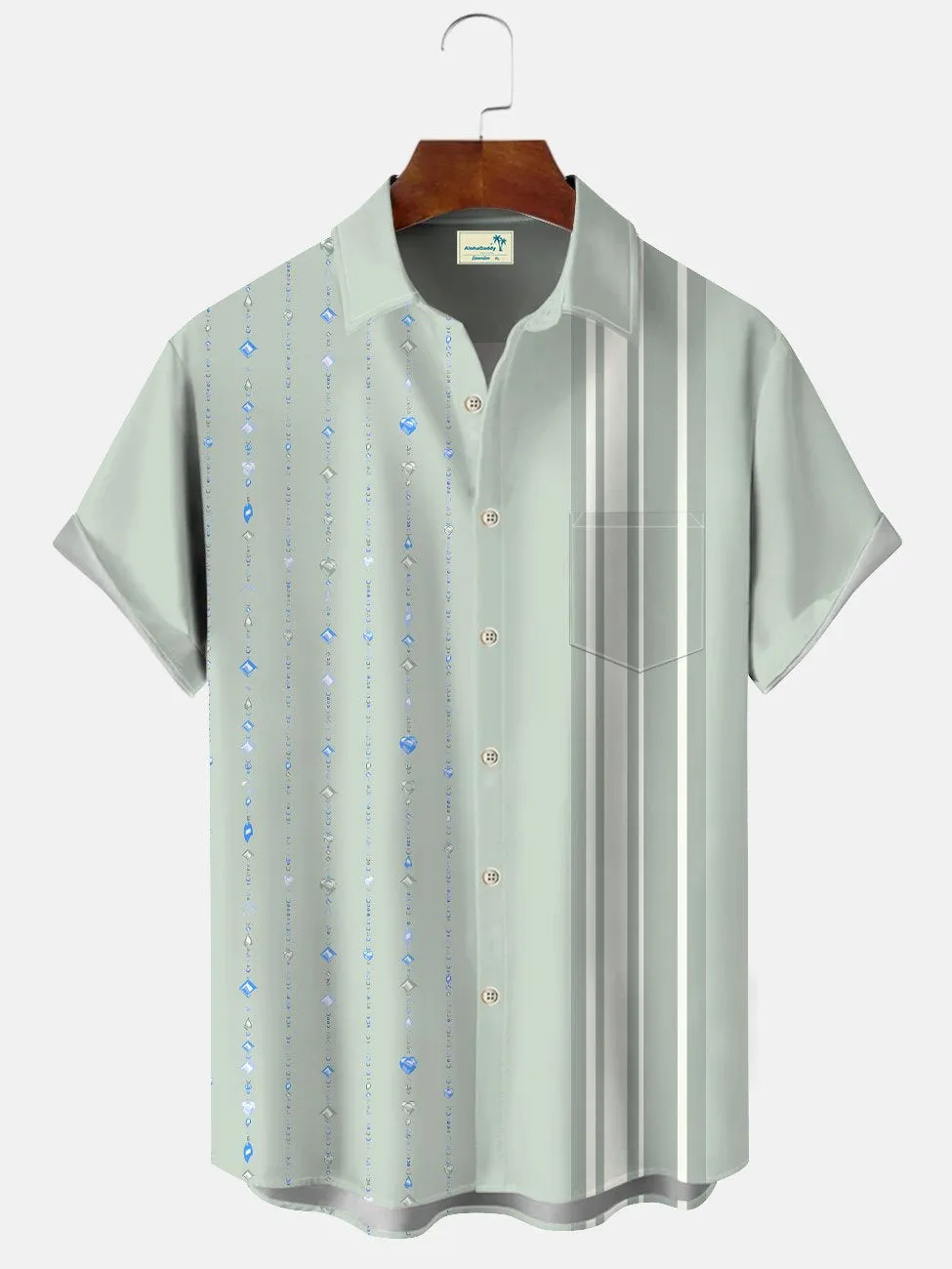 Alohadaddy Summer Crystal Chain Stripe Men's 50S Bowling Commuter Button Pocket Casual Short Sleeve Shirt