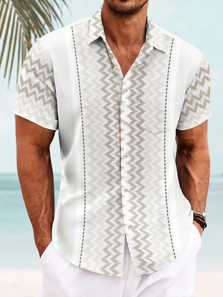 Alohadaddy Summer Ethnic Pattern Button Pocket Vacation Men's 50S Bowling Commuter Short Sleeve Shirt