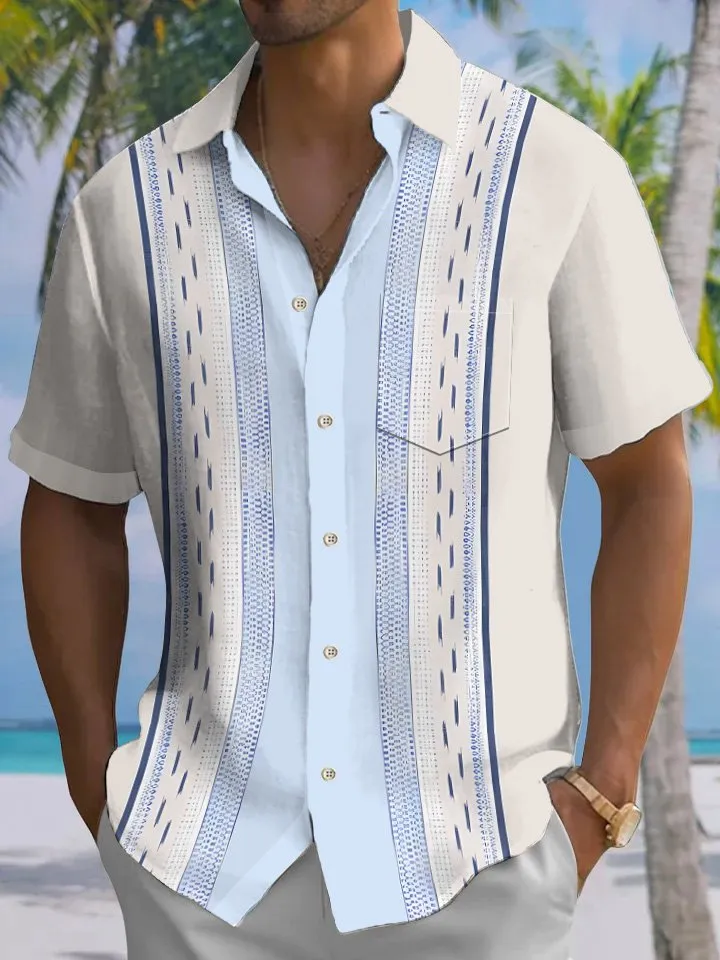 Alohadaddy Summer Ethnic Style Geometric Lines Men's 50S Bowling Commuter Button Pocket Polyester Short Sleeve Shirt