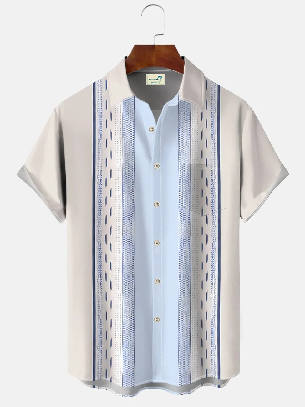 Alohadaddy Summer Ethnic Style Geometric Lines Men's 50S Bowling Commuter Button Pocket Polyester Short Sleeve Shirt