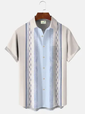Alohadaddy Summer Ethnic Style Geometric Lines Men's 50S Bowling Commuter Button Pocket Polyester Short Sleeve Shirt