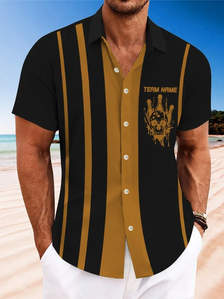 Alohadaddy Summer Geometric Stripes Bowling Men's 50S Commuter Bowling Casual Pocket Button Short Sleeve Shirt